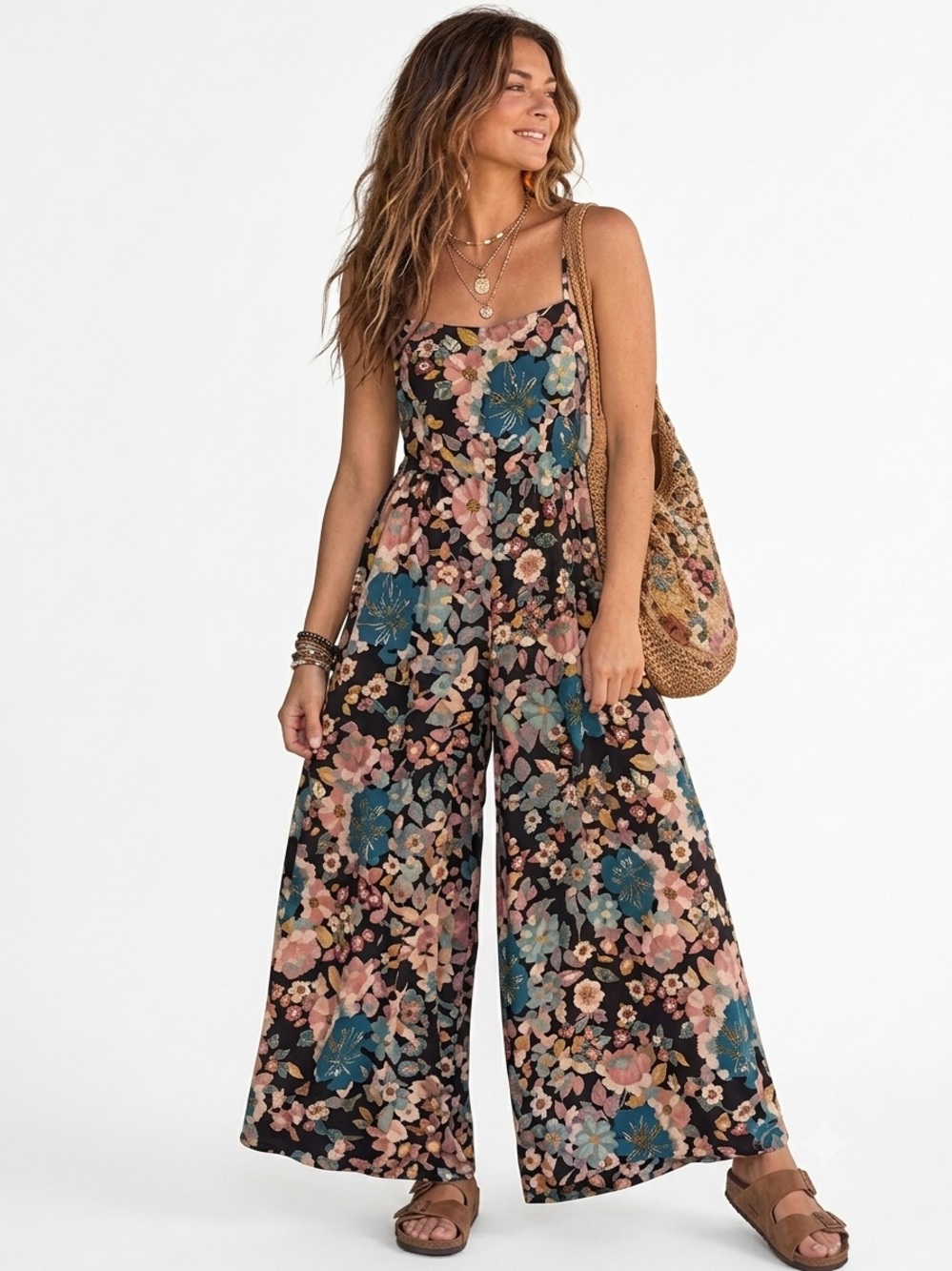 Natural Life Bailey Jumpsuit Size L Pink Petunia Floral Wide Leg Boho Pockets